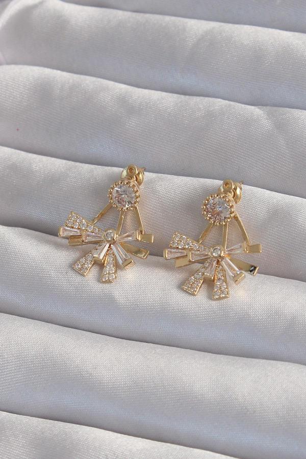 Pirinç Gold Renk Zirkon Taşlı Yassı Fiyonk Model Küpe - TJ-BKP9301 - Image 1