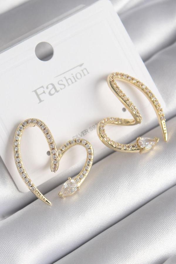Pirinç Gold Renk Zirkon Taşlı Yılan Kalp Model Kadın Küpe - TJ-BKP9741 - Image 1