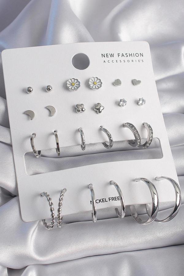 Pirinç Gümüş Renk Zirkon Taş Detaylı 12 Çift Kadın Küpe Seti - TJ-BKP9690 - Image 1