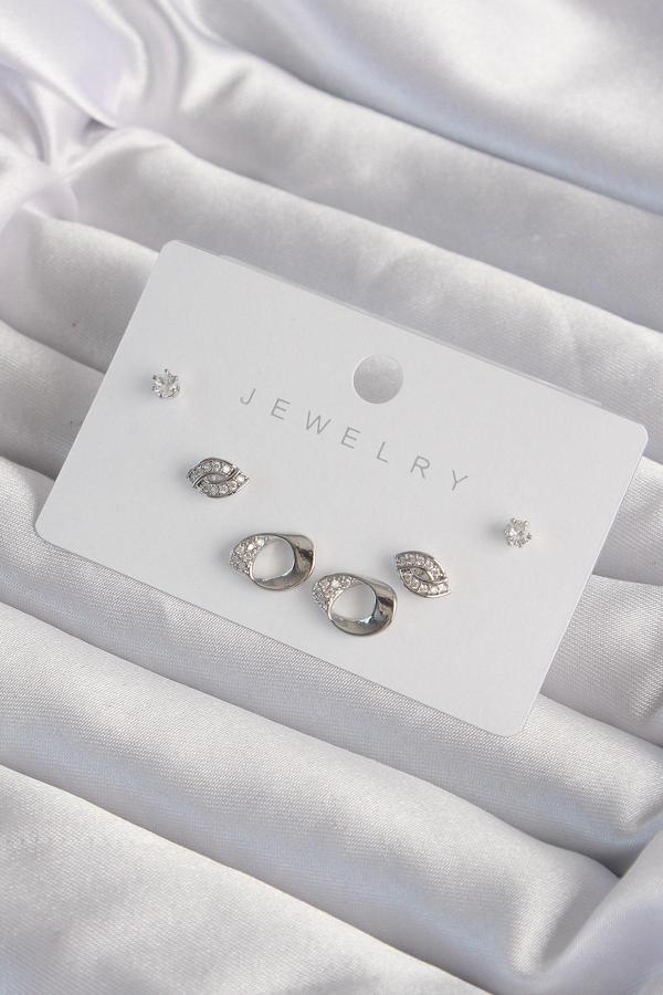 Pirinç Gümüş Renk Zirkon Taşlı Yaprak Model Küpe Seti - TJ-BKP9324 - Image 1