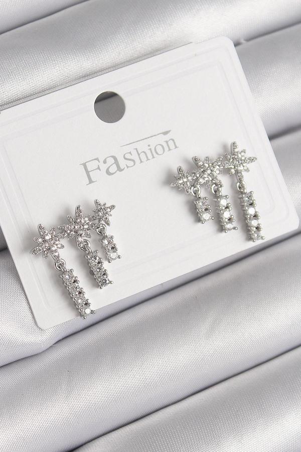 Pirinç Gümüş Renk Zirkon Taşlı 3'Lü Sallantı Yıldız Model Kadın Küpe - TJ-BKP9757 - Image 1