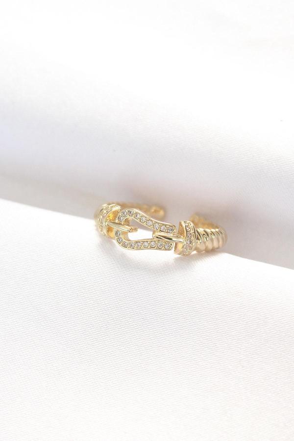 Kemer Tokası Tasarımlı Gold Renk Zirkon Taşlı Ayarlanabilir Yüzük - TJ-BYK3099 - Image 1