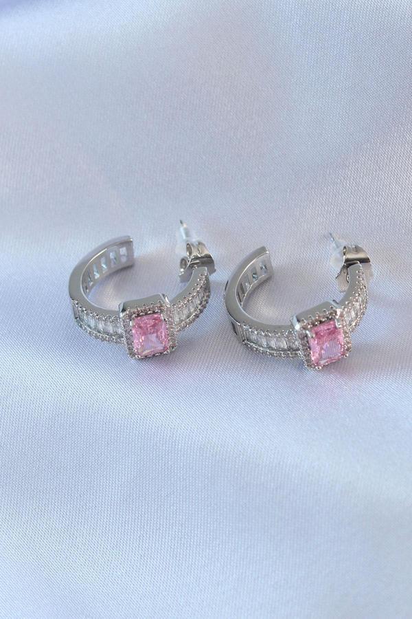 VIP Seri Gümüş Renk Yarım Halka Model Zirkon Taşlı Pirinç Kadın Küpe - TJ-BKP7556 - Image 1