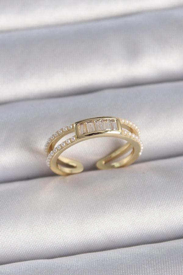 Pirinç Gold Renk Ayarlanabilir Sıralı İncili Zirkon Taş Detaylı Kadın Yüzük - TJ-BYK3380 - Image 1