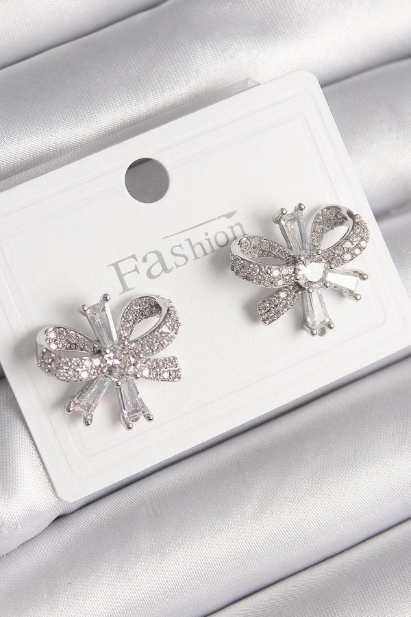 Pirinç Gümüş Renk Zirkon Taşlı Fiyonk Model Kadın Küpe - TJ-BKP9779 - Image 1