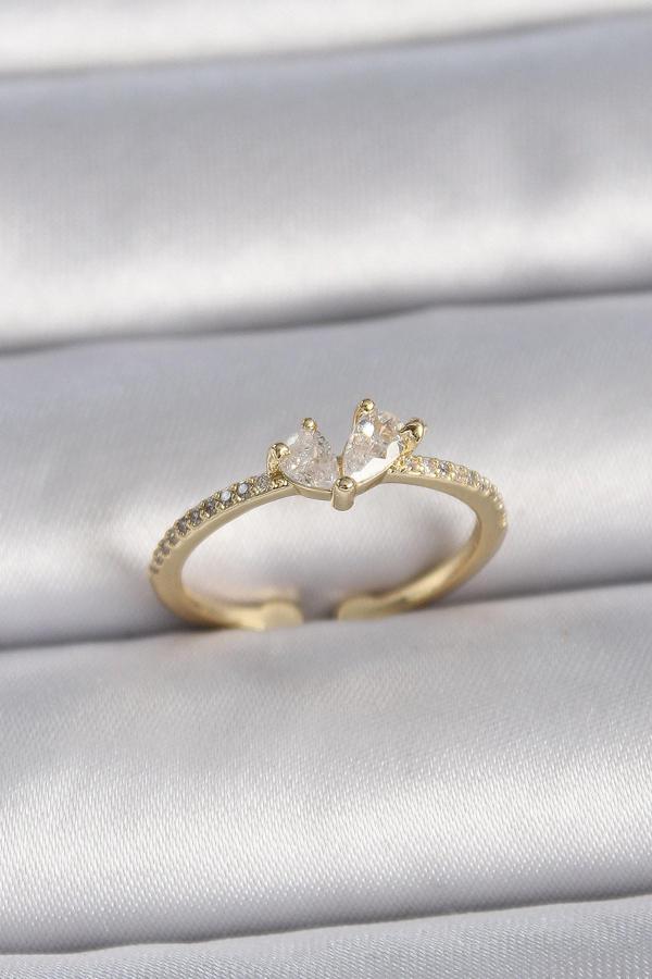 Pirinç Gold Renk Ayarlanabilir Zirkon Taşlı Kalp Model Kadın Yüzük - TJ-BYK3406 - Image 1