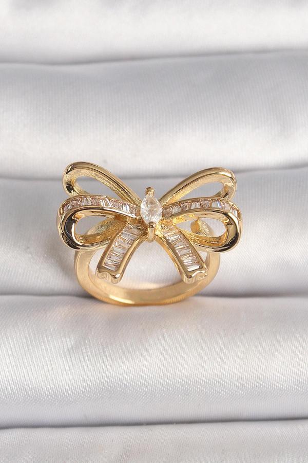 Pirinç Gold Renk Ayarlanabilir Zirkon Taşlı Kurdele Model Kadın Yüzük - TJ-BYK3592 - Image 1