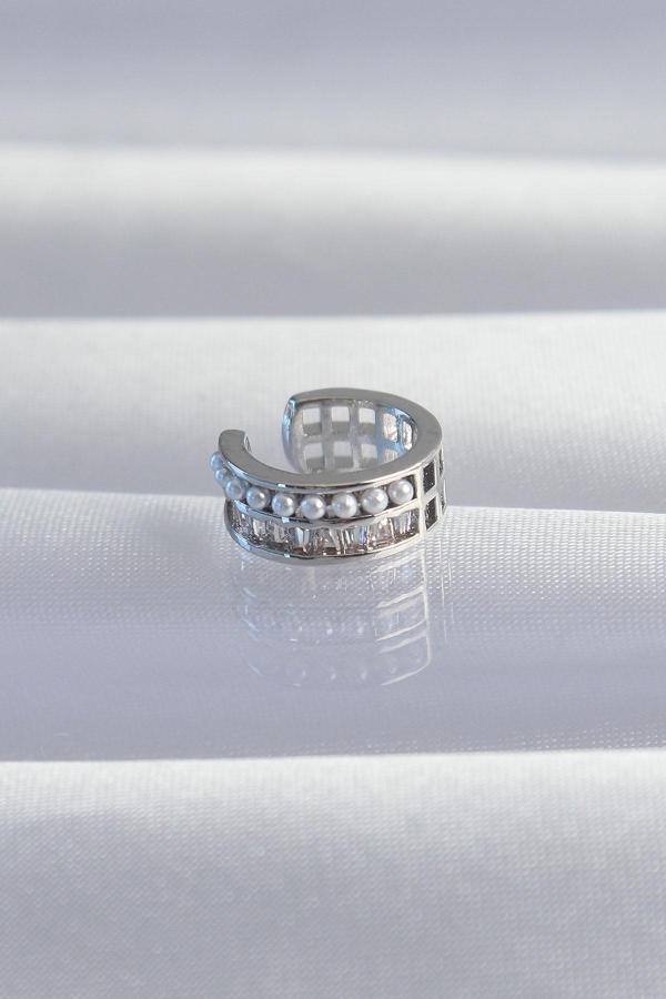 Pirinç Gümüş Renk İncili Baget Taşlı Earcuff Küpe - TJ-BKP9338 - Image 1