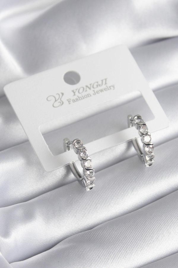 Pirinç Gümüş Renk Zirkon Taşlı Halka Model Kadın Küpe - TJ-BKP8339 - Image 1