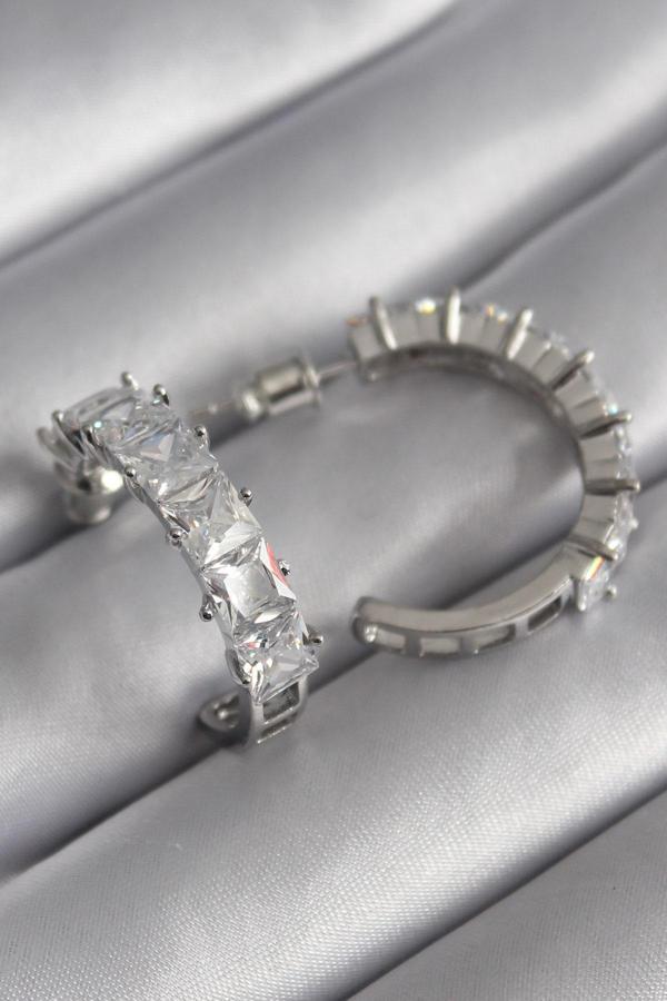 Pirinç Gümüş Renk Zirkon Taşlı Halka Model Kadın Küpe - TJ-BKP8610 - Image 1