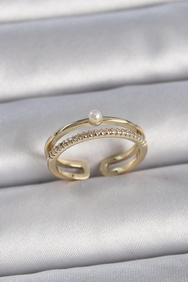 Pirinç Gold Renk Zirkon Taşlı İnci Detay Ayarlanabilir Model Kadın Yüzük - TJ-BYK3370 - Image 1