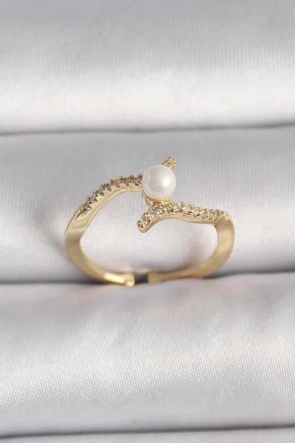Pirinç Gold Renk Zirkon Taşlı İncili Ayarlanabilir Yüzük - TJ-BYK3547 - Image 1