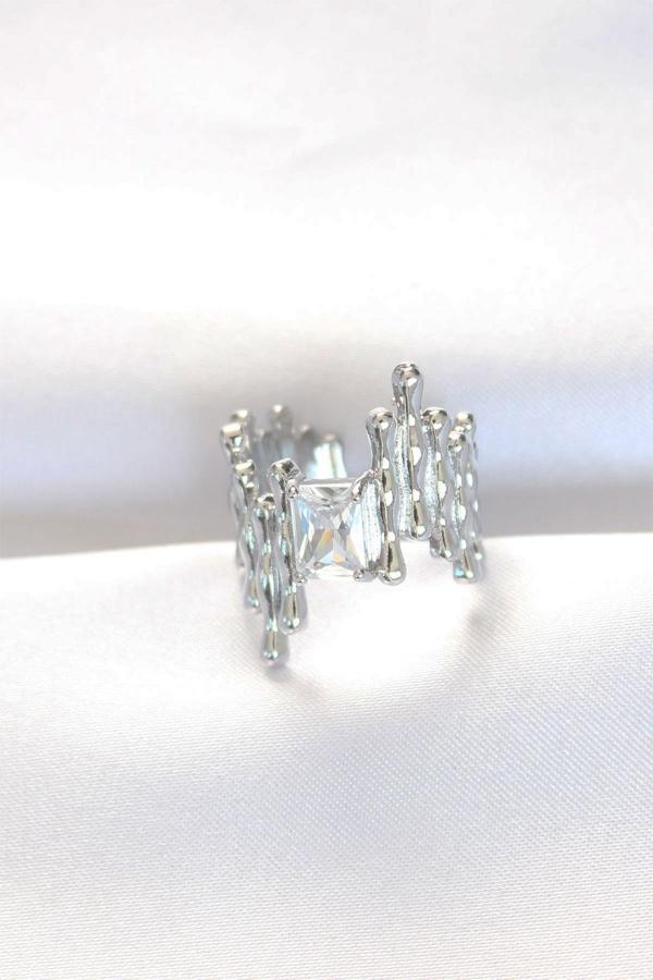 Silver Renk Tırtıklı Kalın Baget Taş Tasarım Ayarlanabilir Yüzük - TJ-BYK3104 - Image 1