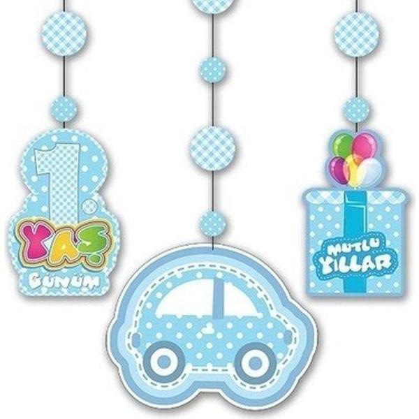 1 Yaş Temalı Asmalı İp Süs Mavi Renk 3 lü Set 12x45 cm - Image 1