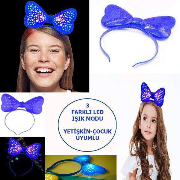 Led Işıklı & Pilli 3 Farklı Modda Yanan Yıldızlı Fiyonk Parti Tacı Mavi Renk 19x15 cm - Image 1