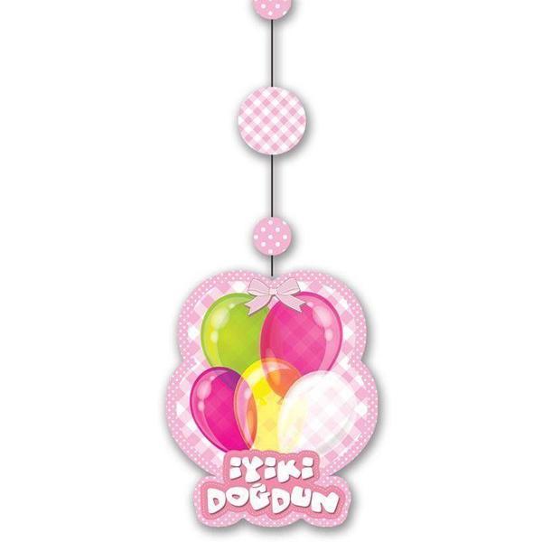 İyiki Doğdun Yazılı Asmalı İp Süs Pembe Renk 3 lü Set 12x45 cm - Image 1