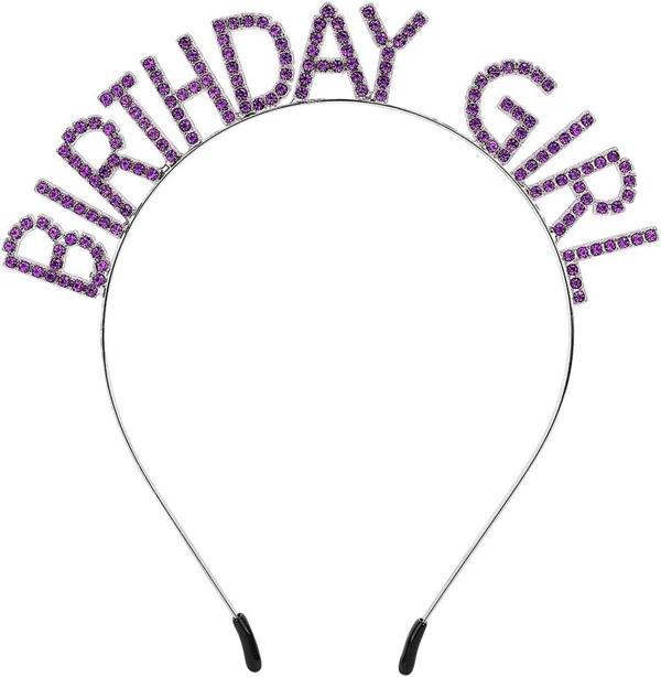 Mor Renk Kristal Taşlı Parlak Birthday Girl Yazılı Taç 16x17 cm - Image 1