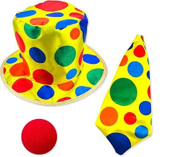 Renkli Palyaço Kostüm Seti – 3 Parça Aksesuar (Şapka, Kravat, Burun) - Image 1