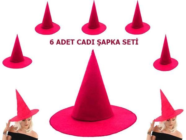 Pembe Fuşya Renk Keçe Cadı Şapkası Yetişkin Çocuk Uyumlu 6 Adet - Image 1
