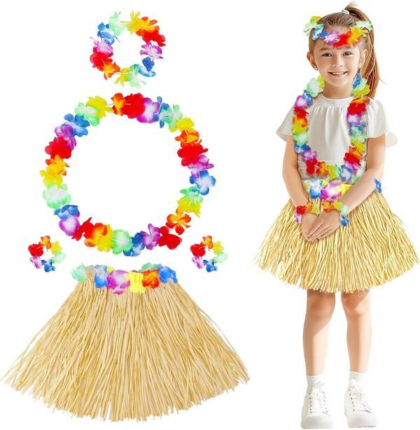 Yetişkin Çocuk Hawaii Parti Seti - 40 cm Naturel Etek + Çiçek Aksesuarlar (5 Parça) - Image 1