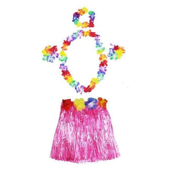 Yetişkin ve Çocuk Uyumlu Luau Aloha Hawaii Pembe Etek ve Renkli Kolye Taç 2 Adet Bileklik Seti - Image 1