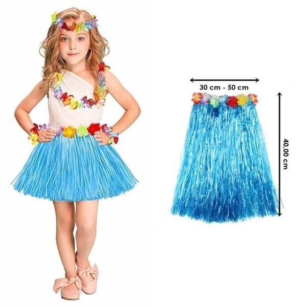 Yetişkin ve Çocuk Uyumlu Mavi Renk Püsküllü Hawaii Luau Hula Etek 40 cm - Image 1