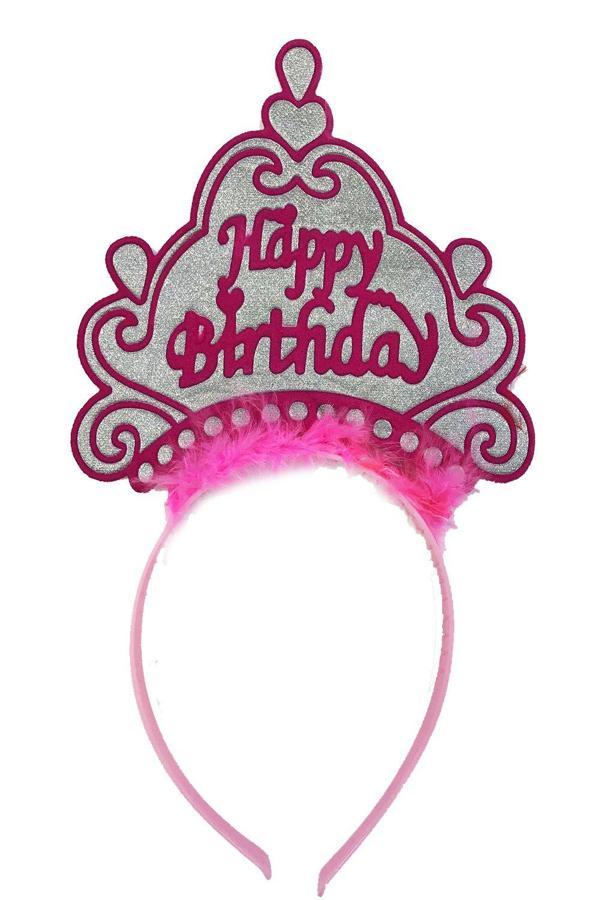 Happy Birthday Neon Pembe Renk Doğum Günü Tacı 24x15 cm - Image 1