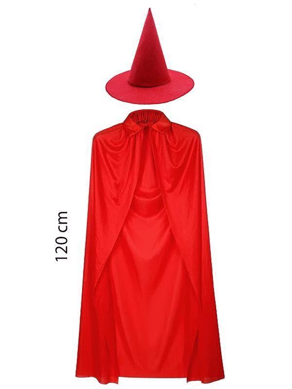 Yetişkin Boy 120 cm Kırmızı Yakalı Pelerin ve Kırmızı Cadı Şapkası - Image 1