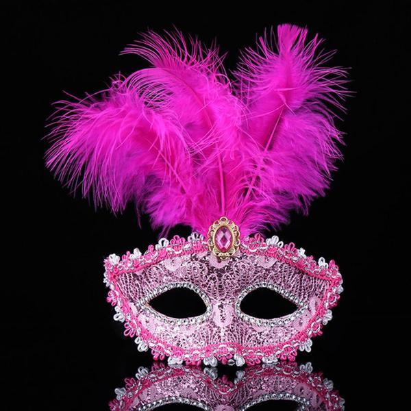 Pembe Dantel İşlemeli Pembe Tüylü Balo Parti Maskesi 17x20 cm - Image 1