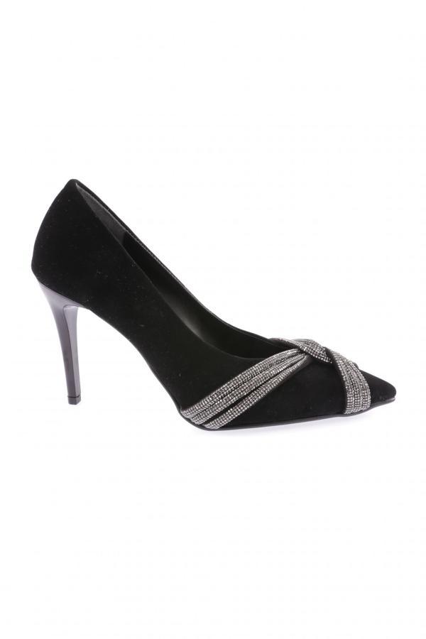 Kadın Silver Taşlı Burgu Bantlı Abiye Ayakkabı Siyah Velvet 352916172674 - Image 1