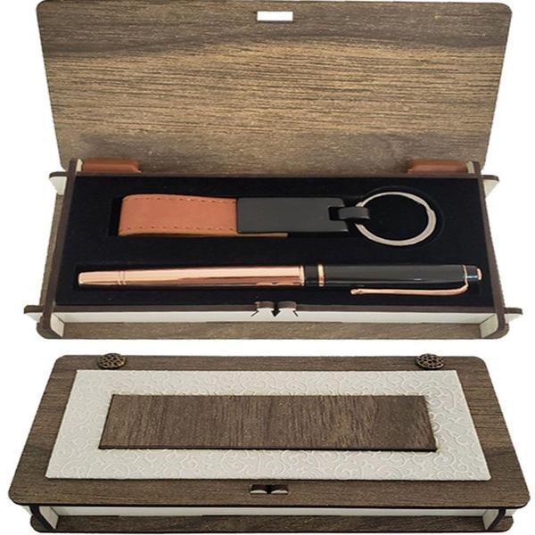 Ahşap Kutulu Bakır Kalem Anahtarlık Set - Image 1