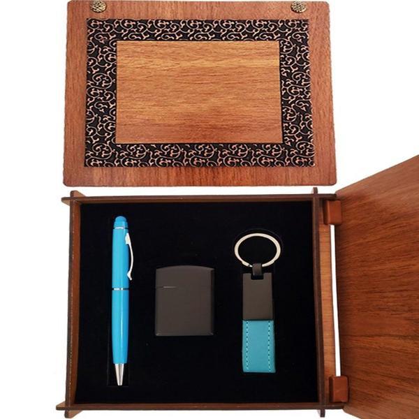 Ahşap Kutulu Çakmak ve Mavi Kalem Anahtarlık Set - Image 1