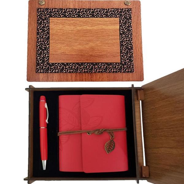 Ahşap Kutulu Kırmızı Deri Defter ve Metal Kalem Set - Image 1