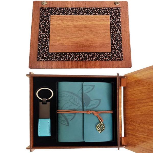 Ahşap Kutulu Mavi Deri Defter ve Anahtarlık Set - Image 1