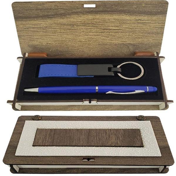 Ahşap Kutulu Mavi Kalem Anahtarlık Set - Image 1