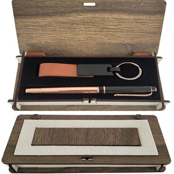 Ahşap Kutulu Set Bakır Roller Kalem ve Anahtarlık - Image 1
