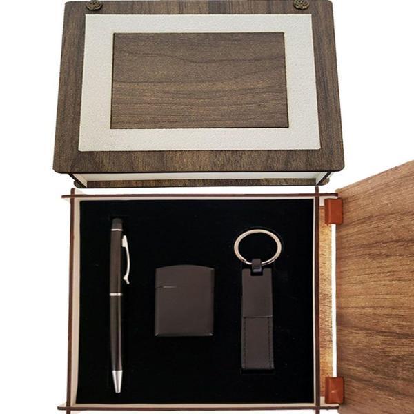 Özel Ahşap Kutulu Mat Siyah Kalem Anahtarlık ve Çakmak Set - Image 1