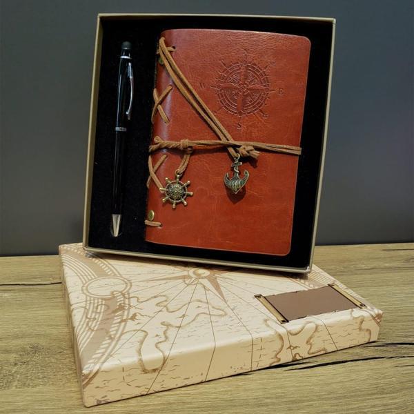 Pusula Baskılı Deri Defter Kalem Seti - Image 1