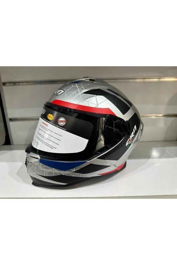 KASK CRN FS-867 MAT SİLVER/BLYE/RED GÜNEŞ VİZÖRLÜ - Image 1