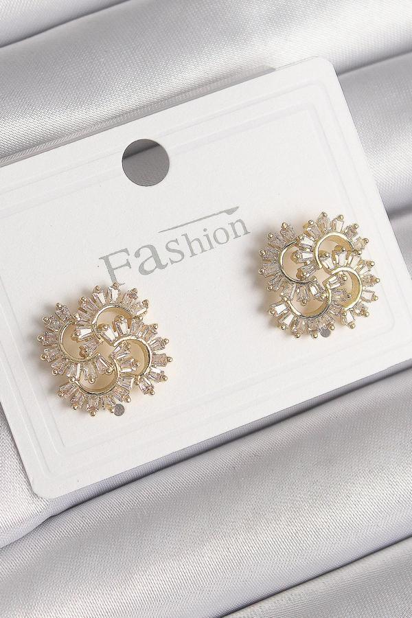 Zarif Kadın için Golden Pirinç Zirkonlu Yonca Trend Küpe - Image 1