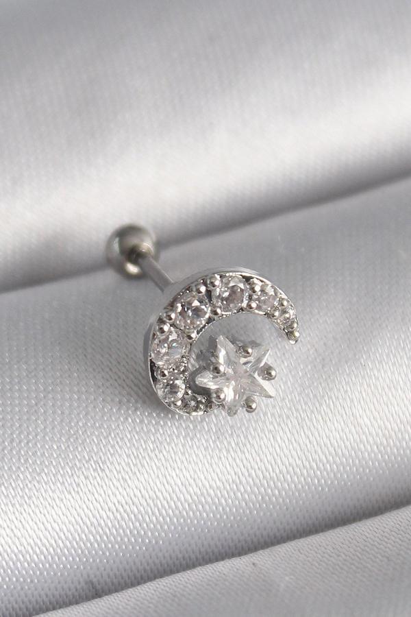 316L Çelik Gümüş Renk Zirkon Taşlı Ay Yıldız Tragus Piercing - TJ-PR1257 - Image 1