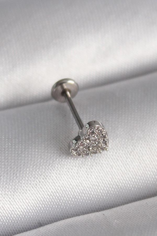 316L Çelik Gümüş Renk Zirkon Taşlı Kalp Model Tragus Piercing - TJ-PR1347 - Image 1