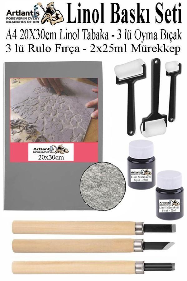 Linol Baskı Seti 1 Paket A4 20x30 Linolyum Tabaka Gri Linol Oyma Seti 3 Bıçaklı Rulo Fırça Mürekkep Linol Baskı Seti - Image 1