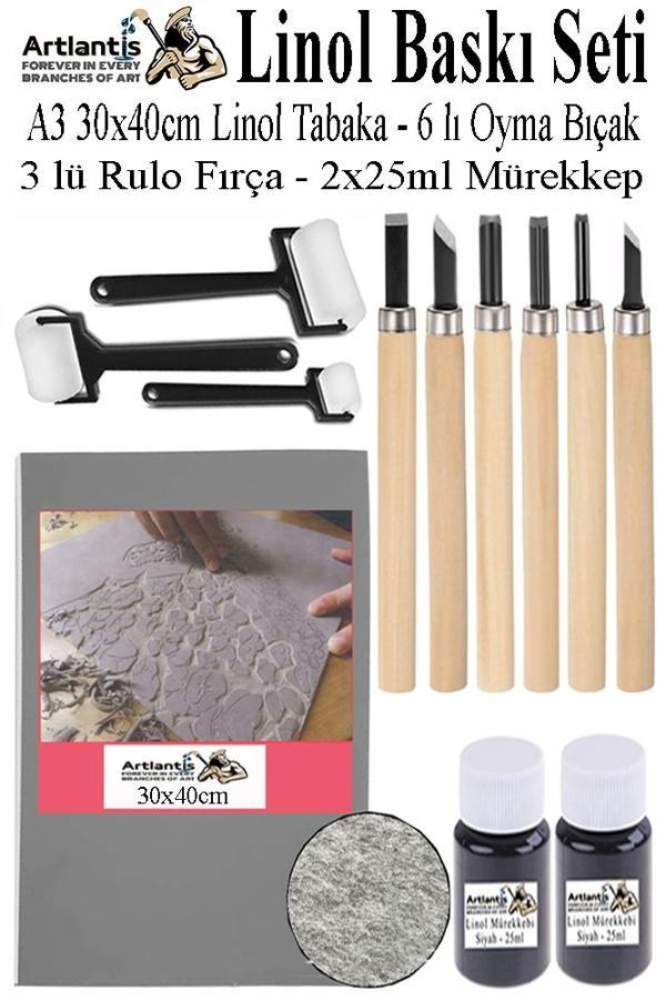 Linol Baskı Seti 1 Paket A3 30x40 cm Linolyum Tabaka Gri Linol Oyma Seti 6 Bıçaklı Rulo Fırça Mürekkep Linol Baskı Seti - Image 1