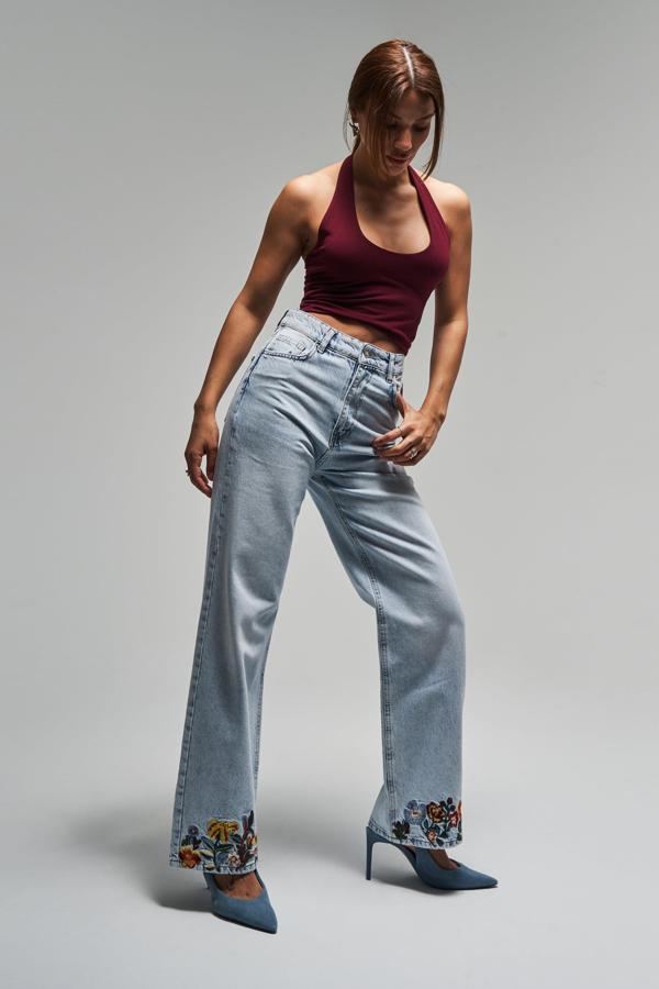 Kadın Ice Kot Rengi 4s5-3 Straight Fit Çiçek Nakışlı %100 Koton İç Boy 80 Cm Tasarım Denim Jean - Image 1