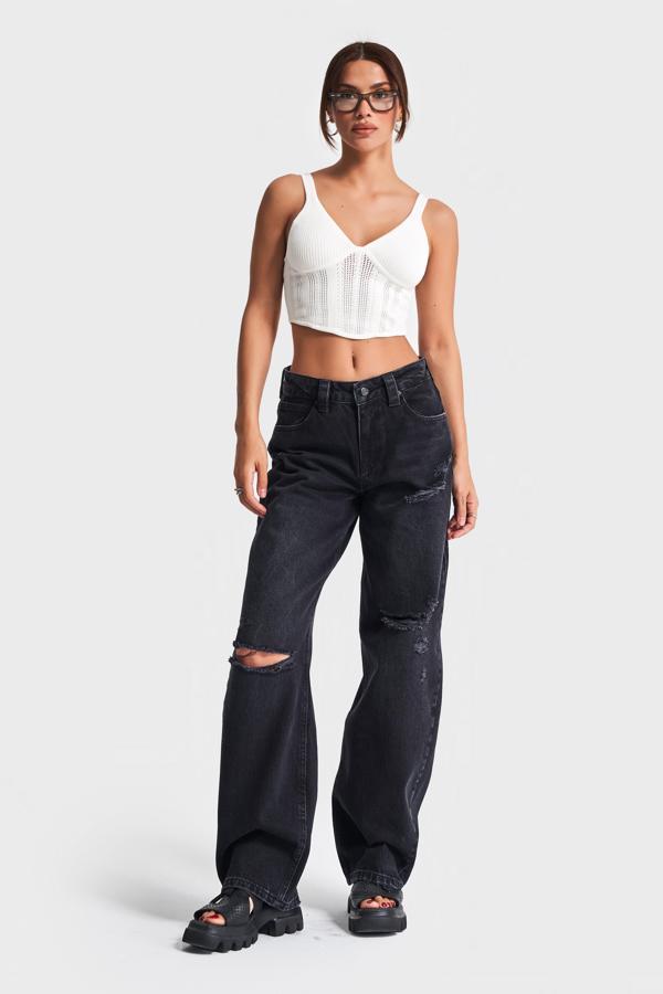 Kadın Füme Renk 10s5-1 Baggy Balloon Yırtık Detaylı %100 Koton Orta Bel Denim Jean - Image 1