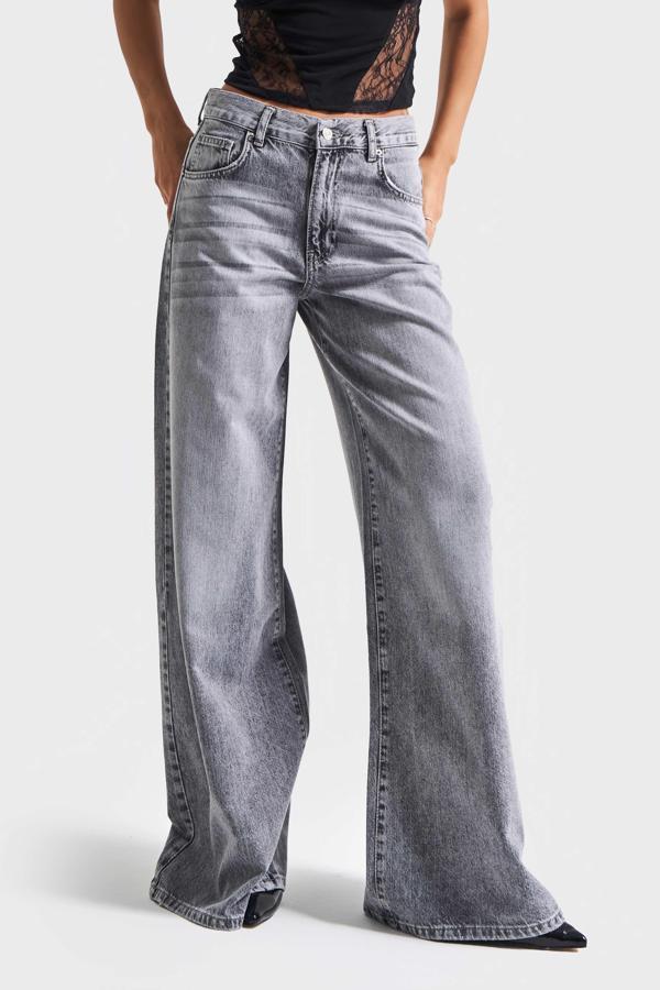 Kadın Gri Renk 4s5-13 Palazzo Fit Bol Kesim %100 Koton Orta Bel Denim Jean - Image 1