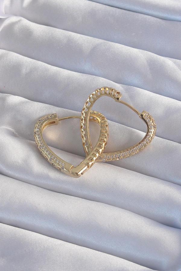 Zarif Kadın için Golden Pirinç Zirkonlu Motifli Kalp Küpe - Image 1