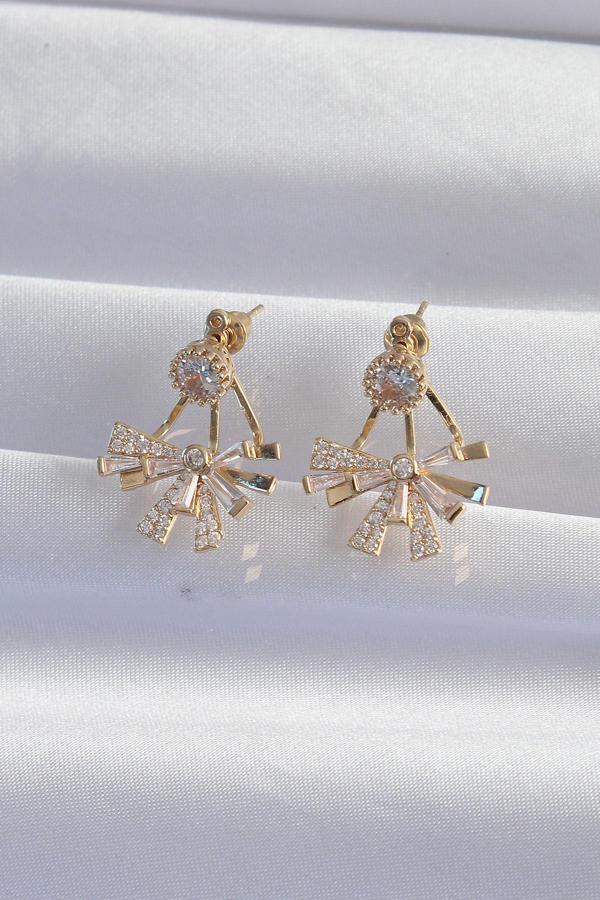 Zarif Kadın için Golden Pirinç Zirkonlu Yassı Fiyonk Küpe - Image 1