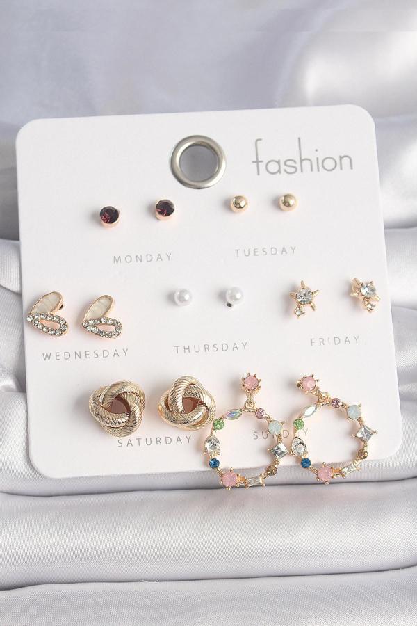 Zarif Kadın için Golden Pirinç 7ÇİFT Zirkonlu Kalp Küpe Seti - Image 1